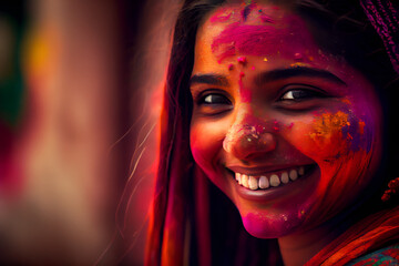 Young Hindu woman laughing, during Holi Festival, Generative AI