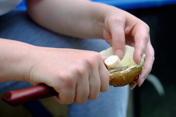 The girl is cleaning mushrooms. Close up view of hands, knife and mushroom