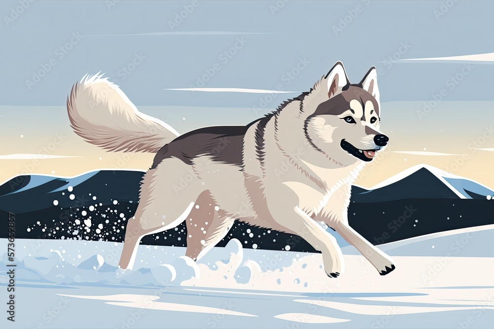 Poster the husky from siberia enjoys a jog through the snow. generative ai