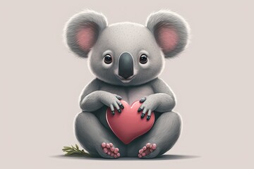 Koala Bear Sitting With Pink Heart, Funny Grey Animal Character Illustration. Generative AI