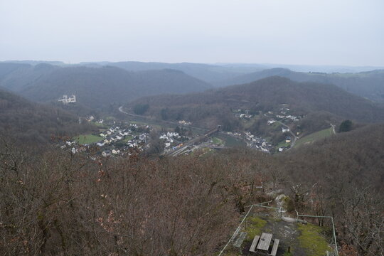 View of Obernhof an der Lahn with Arnstein Monastery; Germany;Rhineland-Palatinate