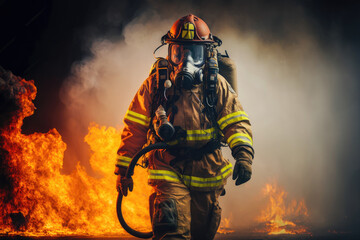 Fototapeta premium Generative AI illustration of a woman firefighter in to the fire and smoke