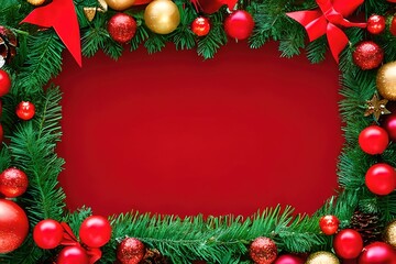 Fototapeta na wymiar Merry Christmas sign banner frame with empty space and festive decoration on red background. Ai generative