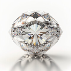 This is a close-up photorealistic illustration of a precious gemstone, such as a diamond, ruby, or sapphire, set against a clean white background