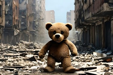 Closeup of a teddy bear in the middle of the city destroyed by war or natural disaster earthquake, some ruins of buildings in the back. Generative Ai