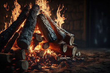 This is a photorealistic illustration of burning logs in a fireplace, featuring vivid flames and glowing embers that create a warm and inviting atmosphere