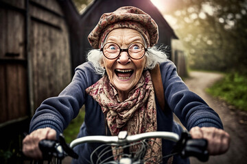 An cute happy and smiling granny ride the bicycle - AI generative - obrazy, fototapety, plakaty