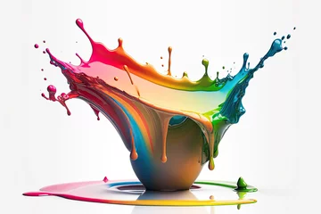 Zelfklevend Fotobehang Rainbow Liquid Paint Splash on a White Background (Generated with AI) © JJAVA
