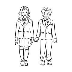 Schoolchildren go to school hand in hand. Sketch.