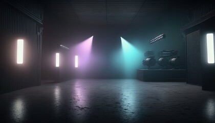 illustration of spotlights shine on stage floor in dark room, idea for background, backdrop, blue, Generative Ai