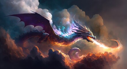 legendary ancient fire dragon fly on sky with flame from it mouth, Generative Ai © QuietWord