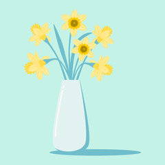 Yellow Daffodil flowers in vase on pastel green background. Flat design. Still life illustration.