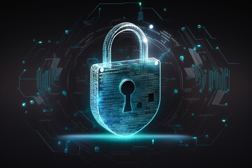 Cyber security network and digital padlock, generative ai background