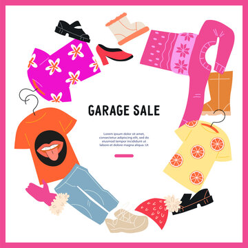 Clothes Sale Or Swap Party, Garage Sale Banner Or Poster Design With Assorted Clothes And Footwear, Flat Vector Illustration On White Background. Template Of Banner Or Card, Flyer.