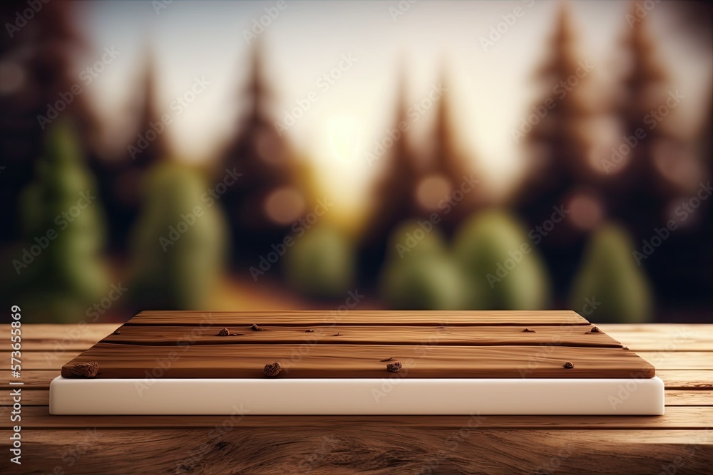 Aufkleber empty table with wooden board in front of a fuzzy background. you can use this mockup of brown wood 