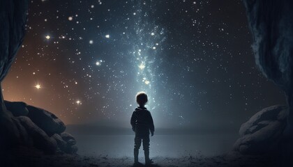 Obraz premium illustration of a boy looking at night starry sky with glitter glow galaxy flicker above, idea for prayer of hope, love, peace theme, Generative Ai
