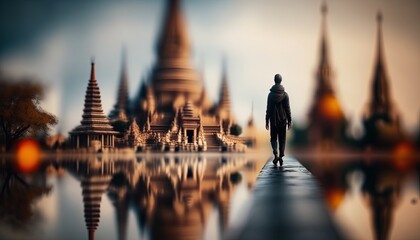 Fototapeta premium blur travel tourism theme concept, a person travel to Asian historical site, Generative Ai