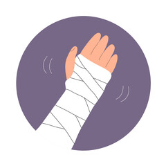 Broken arm. Gypsum bandage. Medical care, treatment and rehabilitation. Help with trauma. Flat vector illustration isolated on white background - obrazy, fototapety, plakaty