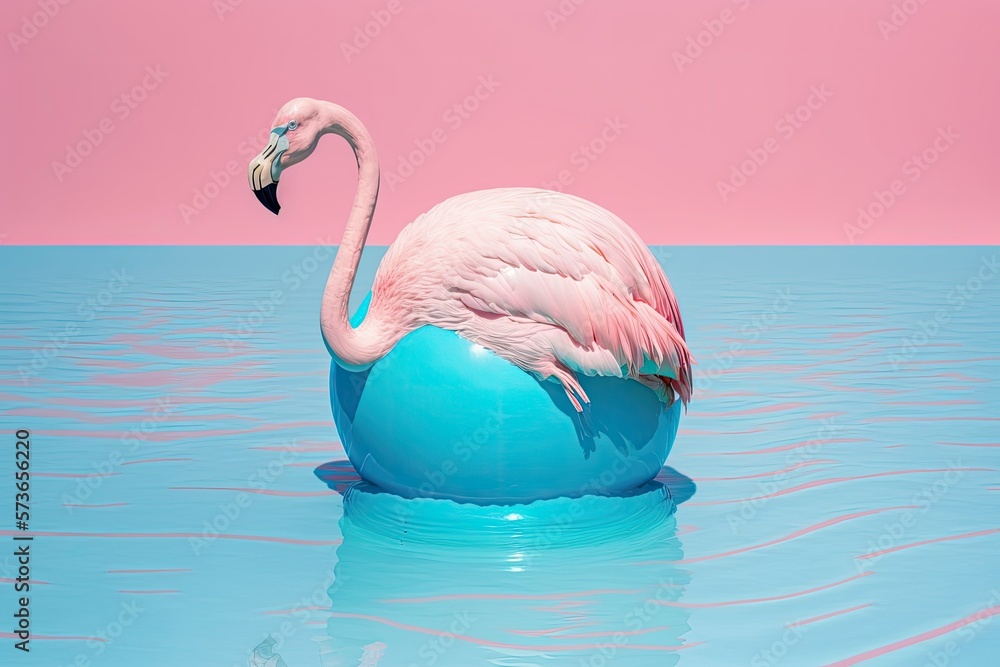 Poster pink and blue flamingo pool float. innovative simplicity of design. banner. generative ai