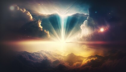 Obraz premium beautiful heavenly sky with glow light, idea for hope and glory background wallpaper, Generative Ai
