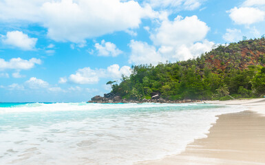 White sand and turquoise water in Anse Georgette