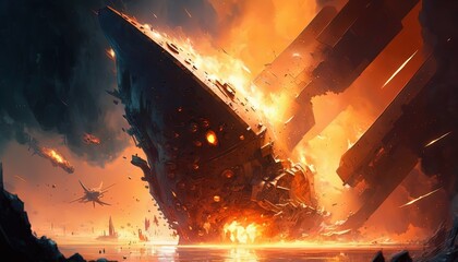 spaceship wrecking from sky with burn flame cloud, Generative Ai