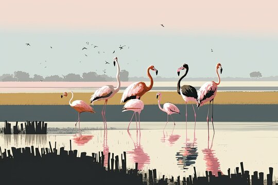 Sighting of a group of lesser flamingos (Phoeniconaias minor) in the marshes near Airoli, New Bombay, Maharashtra, India. Generative AI