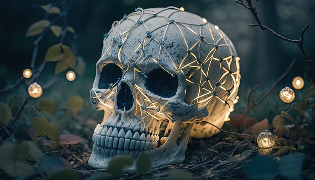 beautiful human skull with light glow in night time, Generative Ai