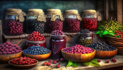 farmer market stall selling many kind of berries, idea for local business vendor support theme, Generative Ai