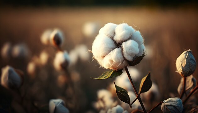 close up ripe cotton with white fiber grow on plantation, Generative Ai