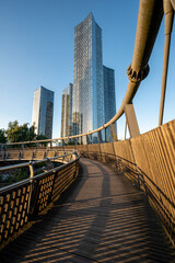 Low angle view of Mancunian Footbridge over the Mancunian Way near Hulme, Manchester.