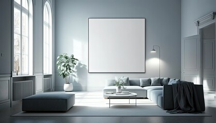 Obraz na płótnie Canvas illustration of onebig mock-up wall decor frame is hanging in minimal style, empty frame in living room, Generative Ai