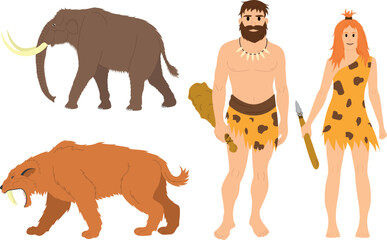 Cavemen and ancient animals, vector illustration