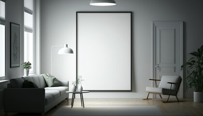 illustration of onebig  mock-up wall decor frame is hanging in minimal style, empty frame in living room, Generative Ai