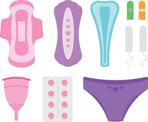 Various hygiene during menstruation, vector illustration