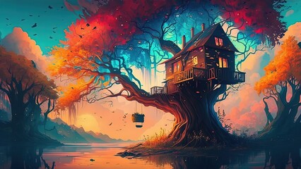 anime style tree house in sunset, Generative Ai