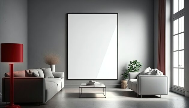 illustration of onebig  mock-up wall decor frame is hanging in minimal style, empty frame in living room, Generative Ai
