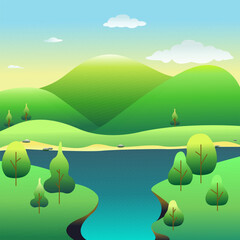 Spring landscape. Green hills, river, trees, sand, stones. Warm weather. Vector illustration