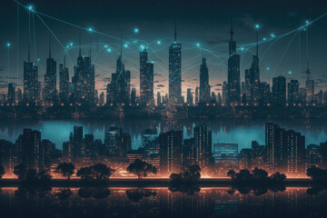 cityscape with space and neon light effect. Modern hi-tech, science, futuristic technology concept. Abstract digital high tech city design background.Generative AI