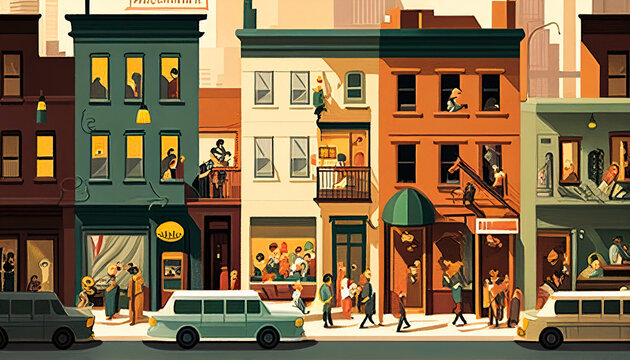 Modern city, town street flat  with low-rise houses, commercial, public buildings in various architecture styles, sidewalk with city lights and road illustration. Metropolis outskirt Generative AI