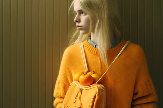 Blonde model woman with bag and orange background, with fruits. generative ai