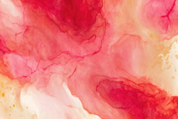 Abstract red liquid watercolor background with golden lines. Pastel marble alcohol ink drawing .Generative AI