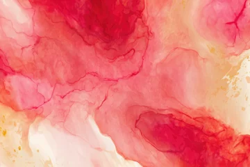 Fotobehang Abstract red liquid watercolor background with golden lines. Pastel marble alcohol ink drawing .Generative AI © premyuda