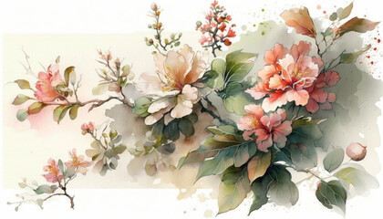 Watercolor japanese sakura pink flowers blooming painting, Generative AI art
