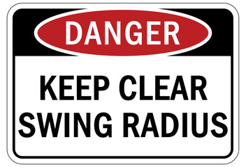 Overhead crane hazard sign and labels keep clear swing radius