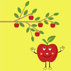 Apples on a branch, one apple has fallen and looks up. Vector illustration.
