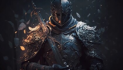 Naklejka premium Medieval Warfare: Digital Art Illustration of Knights and Armor Generative AI