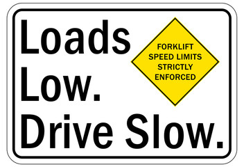 Overhead crane hazard sign and labels load low, drive slow
