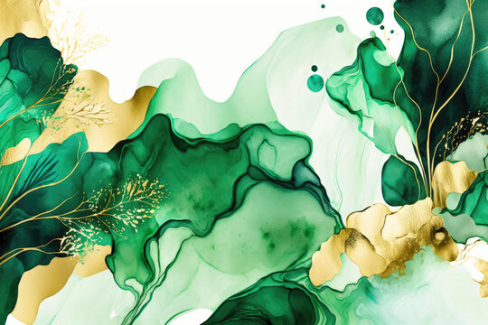 Abstract blue liquid watercolor background with golden lines. Pastel marble alcohol ink drawing .Generative AI
