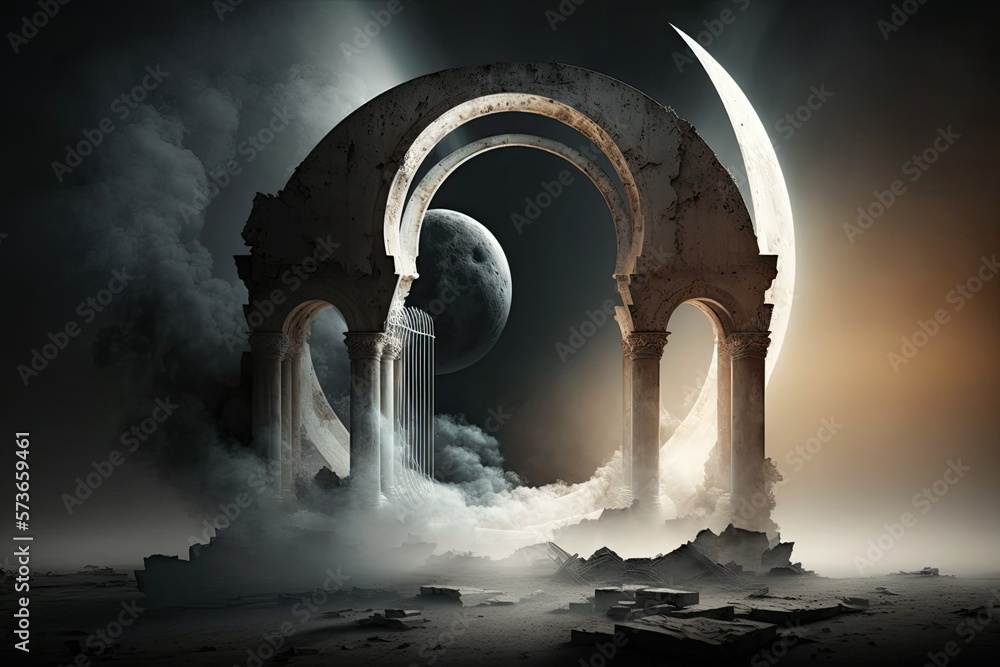Aufkleber desolate ruins with an arch and a pall of smoke. digital artwork based on the idea of the afterlife.